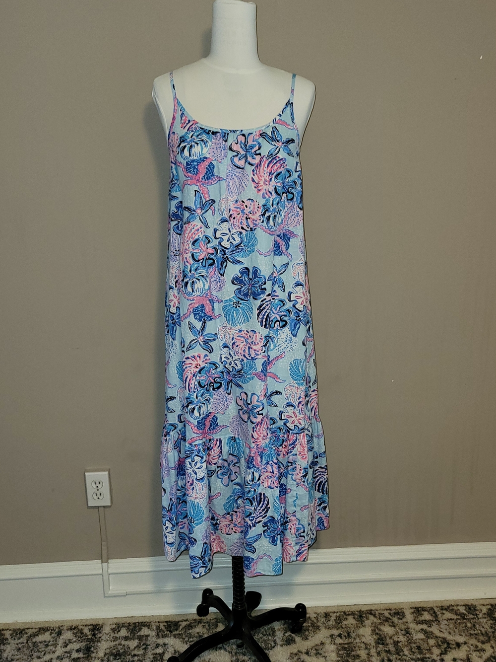 Lilly Pulitzer 100% Linen Light Blue And Pink Floral Midi Dress